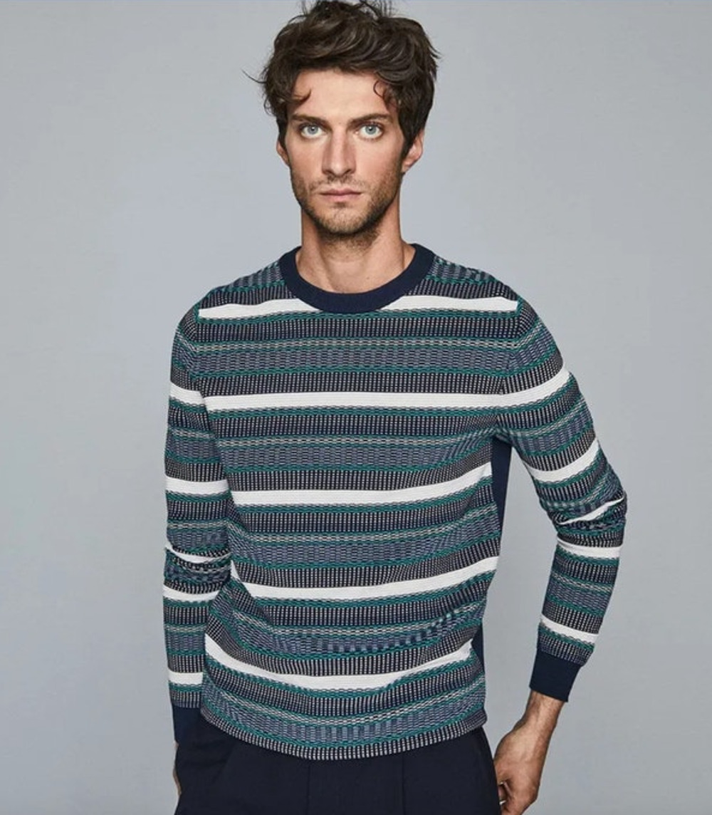 REISS Fisher Striped Crew Neck Jumper Size S NEW Navy Blue Knit Sweater $220